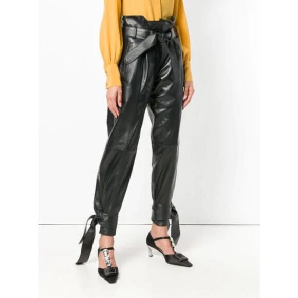 The Attico Pants - ATTICO Women's Leather Paper Bag Pants IT 40 US Small Black Tie Cuff Belted NWT